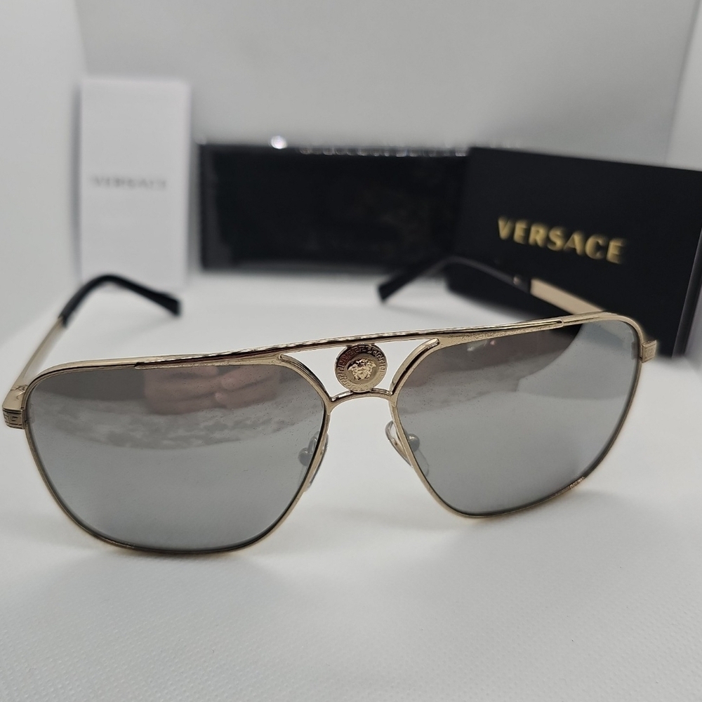 Versace Pale Gold Frame Rectangular  Sunglasses with Silver Lenses- BRAND NEW!